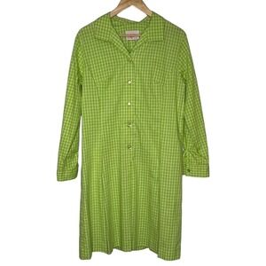 Vintage Shirt Dress Womens XL‎ Green White Checked Chartreuse 1960s Shift
